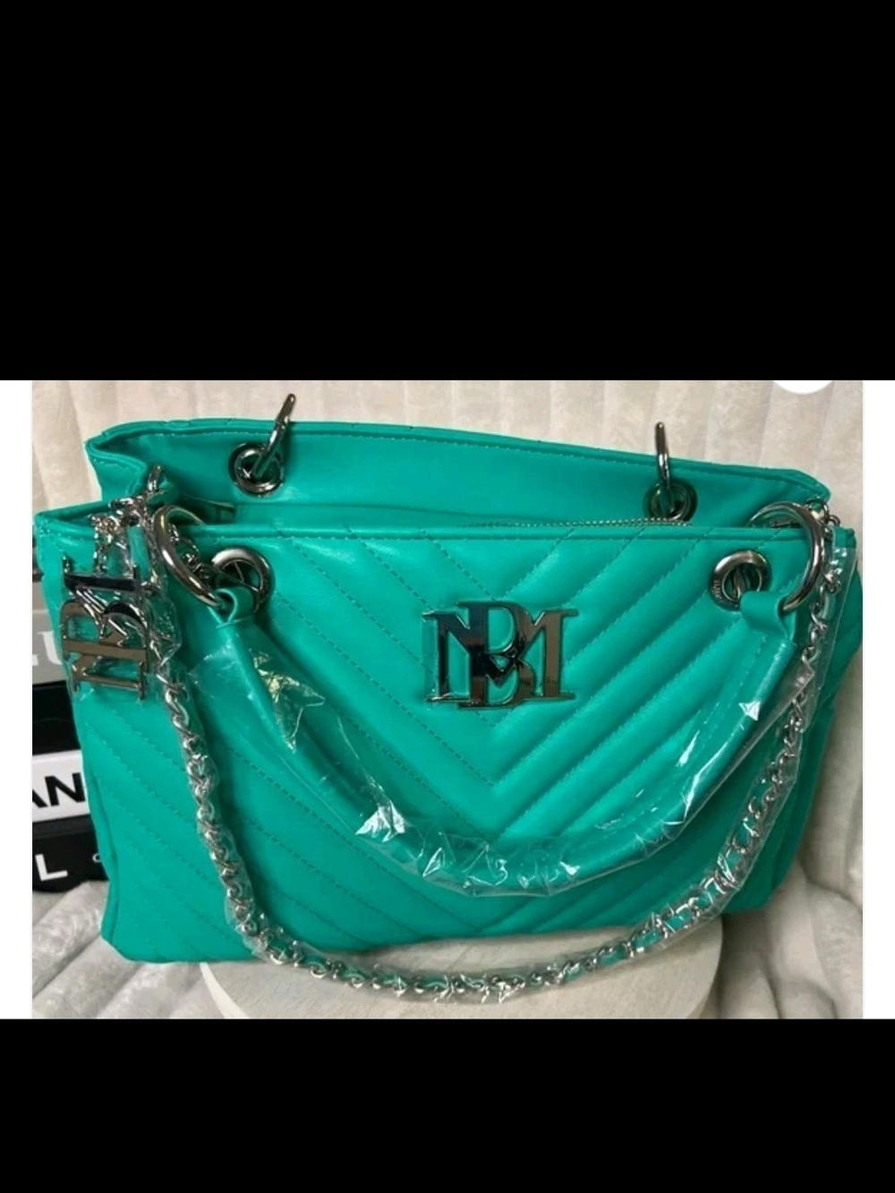 Teal Quilted Chain-Handle Tote Bag by